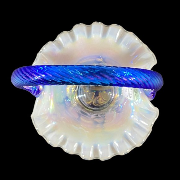 Vintage Fenton Mini Basket Grape & Vine Ruffled Opalescent w/Iridescent Handle - Picture 9 of 14